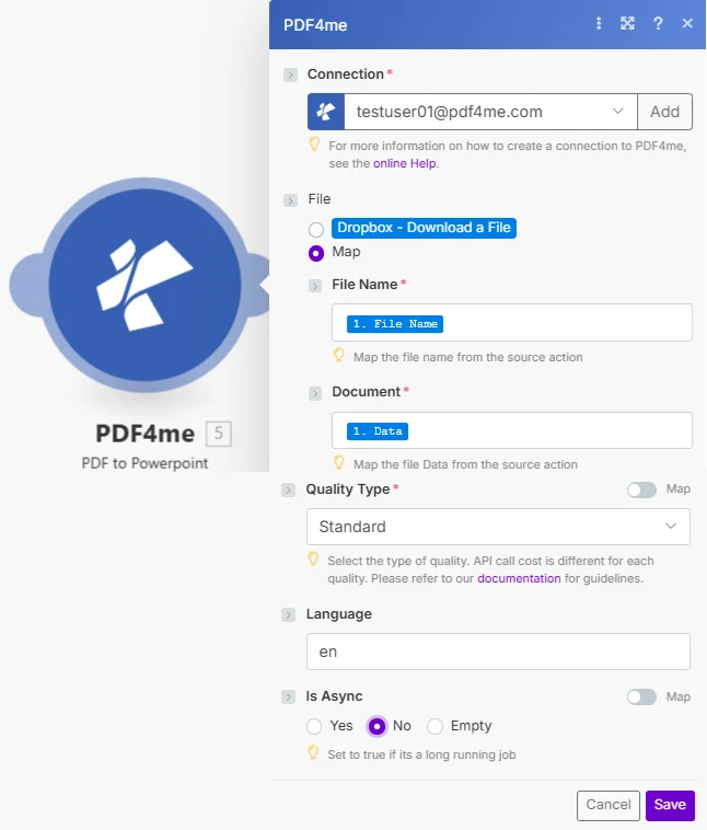 已配置 PDF4me PDF 转 PowerPoint 模块，连接方式已设置，文件类型已设置为“映射”，文件名和文档已映射，质量类型已设置为“标准”，语言已设置为“英语”，异步模式已设置为“否”。
